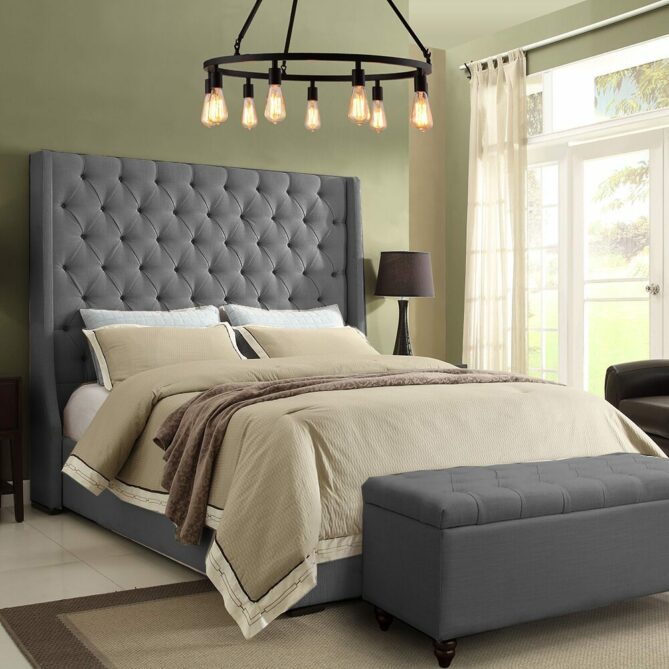 Elegant Tall Luxury Grey Bed with Premium Upholstery and Design
