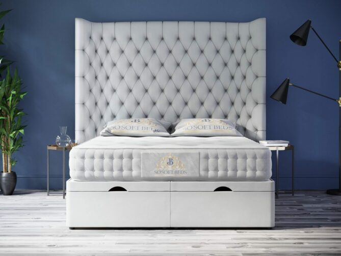 Tall Vegas Wingback Bed 60" or 54" Tall Chesterfield with optional Mattress - Ottoman Beds 