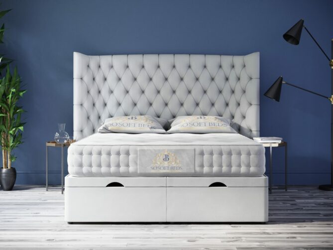 Tall Vegas Wingback Bed 60" or 54" Tall Chesterfield with optional Mattress - Ottoman Beds 