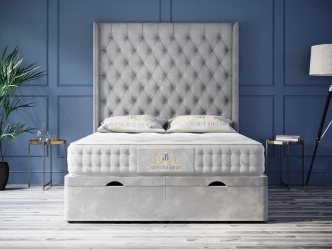 Tall Luxury Grey Bed with Elegant Design and Plush Comfort