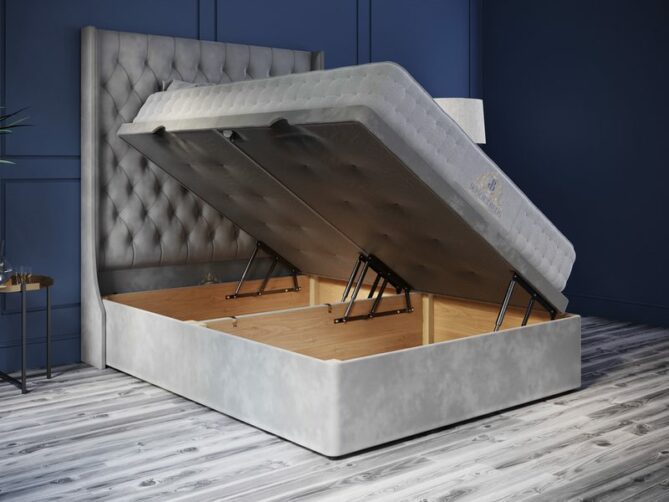 Tall Luxury Grey Bed with Sophisticated Design and Premium Comfort