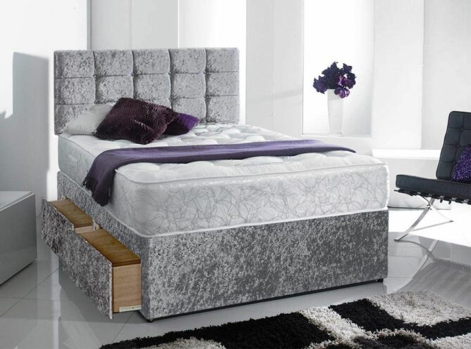 Divan Base Crush Velvet Fabrics With Memory Foam Sprung Mattress - Ottoman Beds 